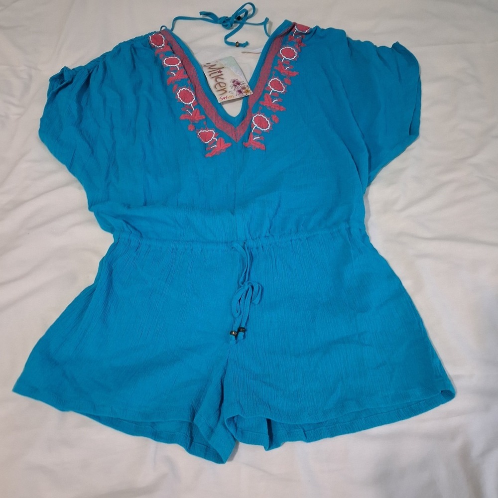 Miken Womens Swim Cover Romper Bright Beachy Boho Turquoise Embroidered New Sz M